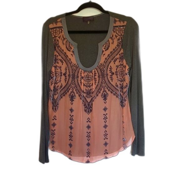 Hale Bob Women’s Top Med Silk Embroidery Long Sleeve Embellished Beaded Top - Picture 1 of 10